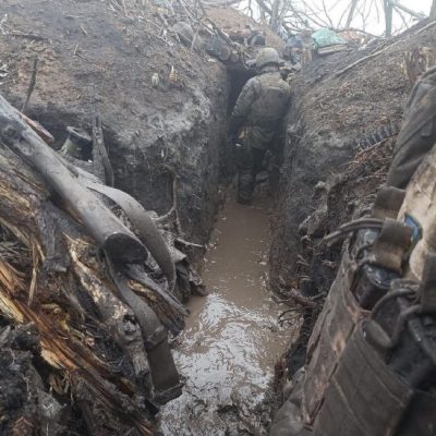 Trenches at the front line soldier mobile shower unit